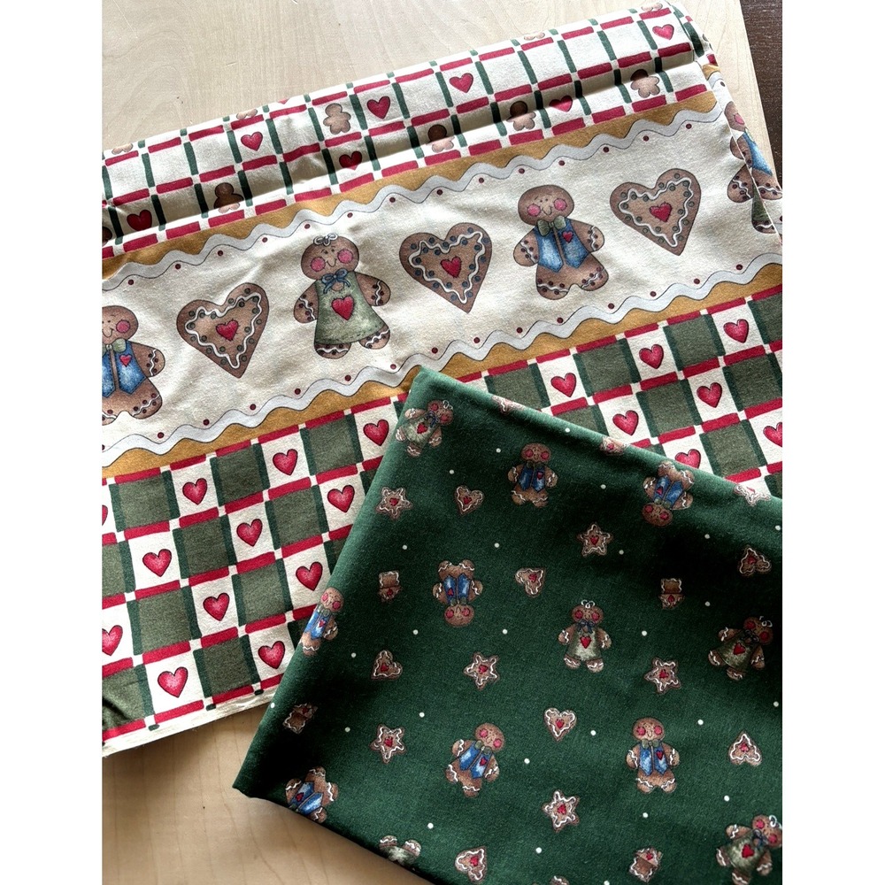 Vtg Dianna Marcum Gingerbread Fabric LOT of 2 Border & Green Tossed 3 Yds x 45"